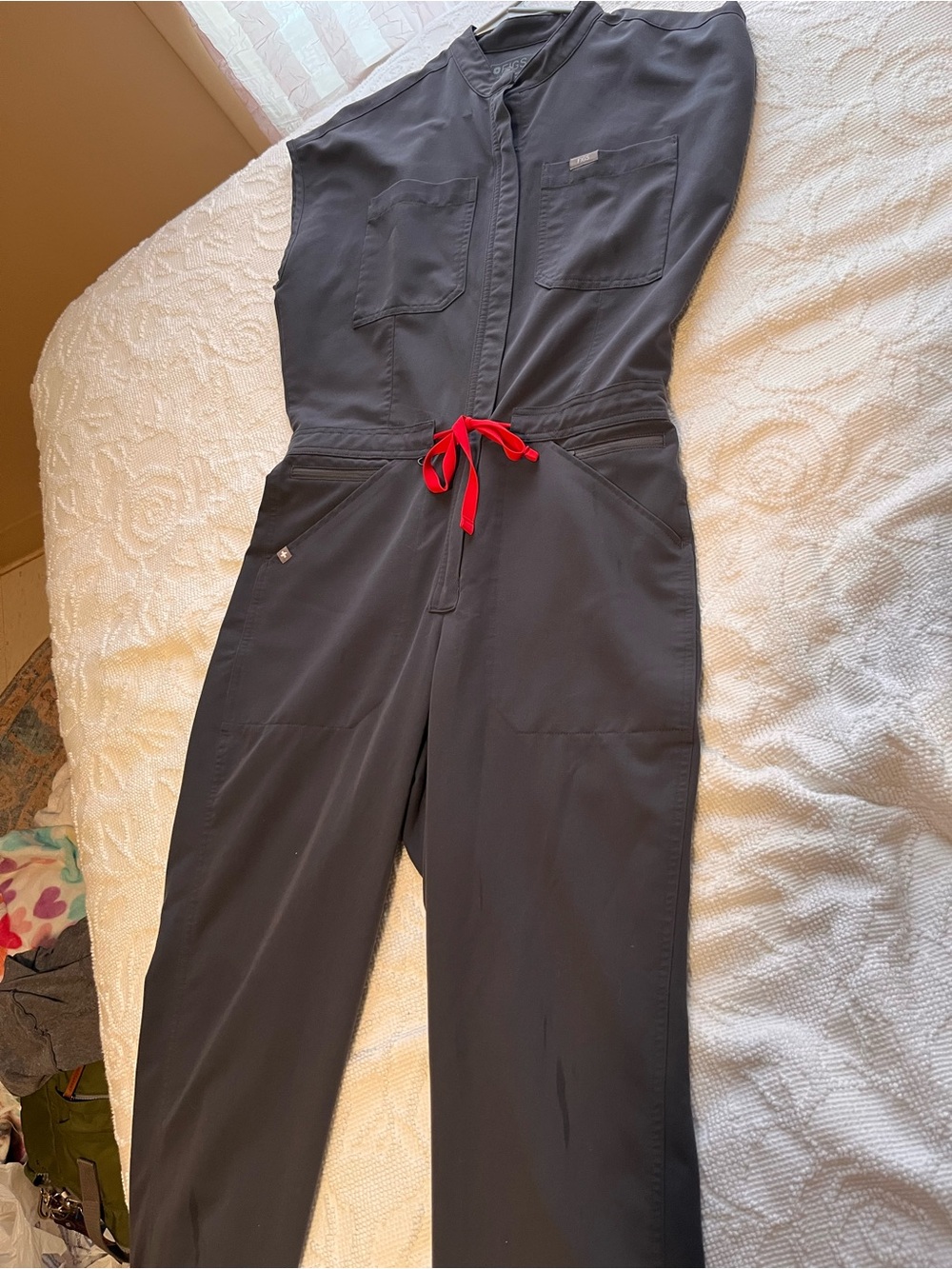 Figs Women's Charcoal Jumpsuit with Red Drawstring